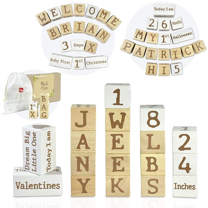 I'm Solid Wood Monthly Weekly Baby Milestone Age Blocks, Personalized Own Name, Gender Neutral, Newborn Gifts & Keepsakes for Picture Props (1.9" / 18 Pcs/Brown)