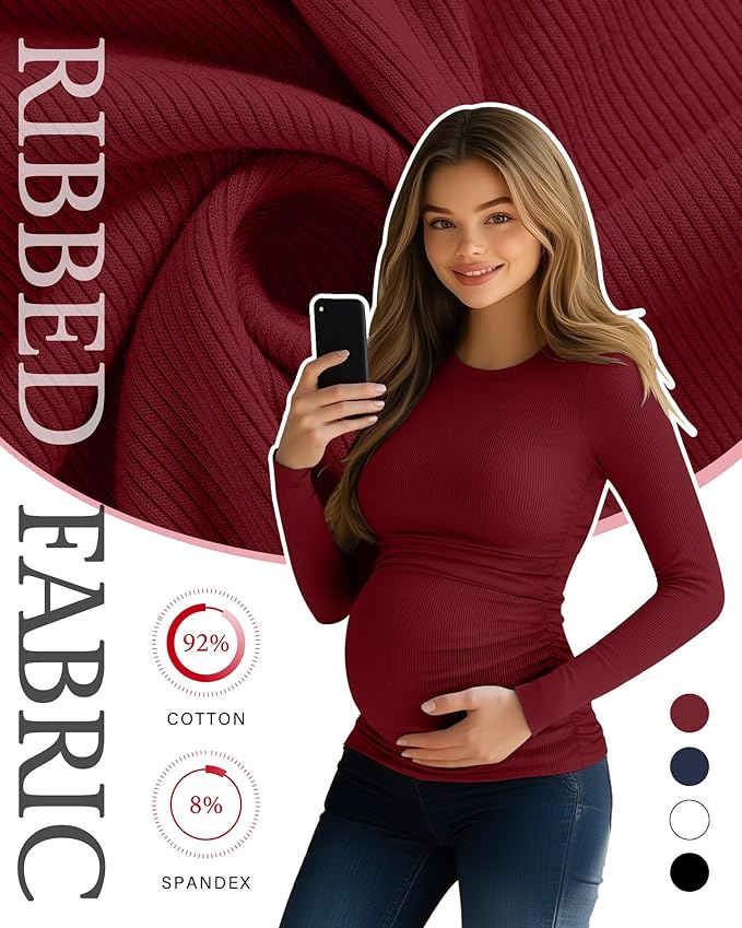 Ficerd 4 Pack Women's Maternity Shirts Cotton Long Sleeve Ribbed Crew Neck Pregnancy Tops Side Ruched Casual Mama Clothes