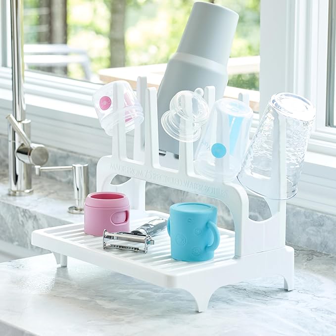 PopYum Glacier White Space Saving Drying Rack from 100% Recycled Bottles, countertop for Baby Bottles, Plastic Bags, Cups, Glass, tumblers, Compact