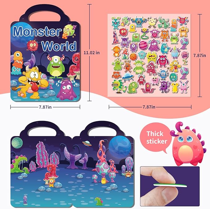 6Set Reusable Sticker Books for Kids 1-3 2-4 Years Old, 3D Puffy Stickers Books for Toddlers,Monster+Insects+Forest+Desert+Polar+Amusement Park