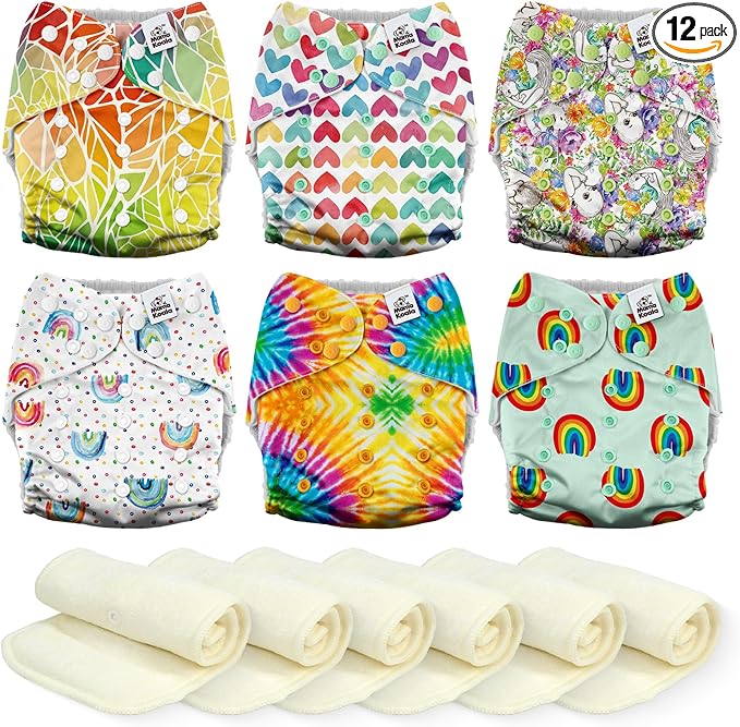 Mama Koala 3.0 Cloth Diapers for Babies, 6 Pack One Size Washable and Reusable Pocket Diapers for Newborns and Toddlers (Rainbow and Love)