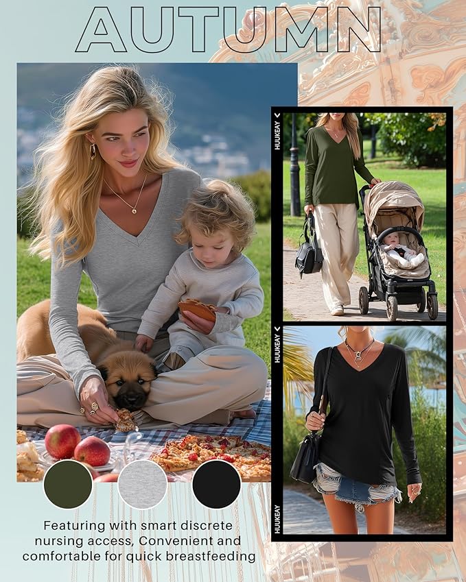 Huukeay 3 Pack Women's Long Sleeve Nursing Tops, Breastfeeding Hidden Zippers Shirts V Neck Maternity Pregnancy Tees Clothes