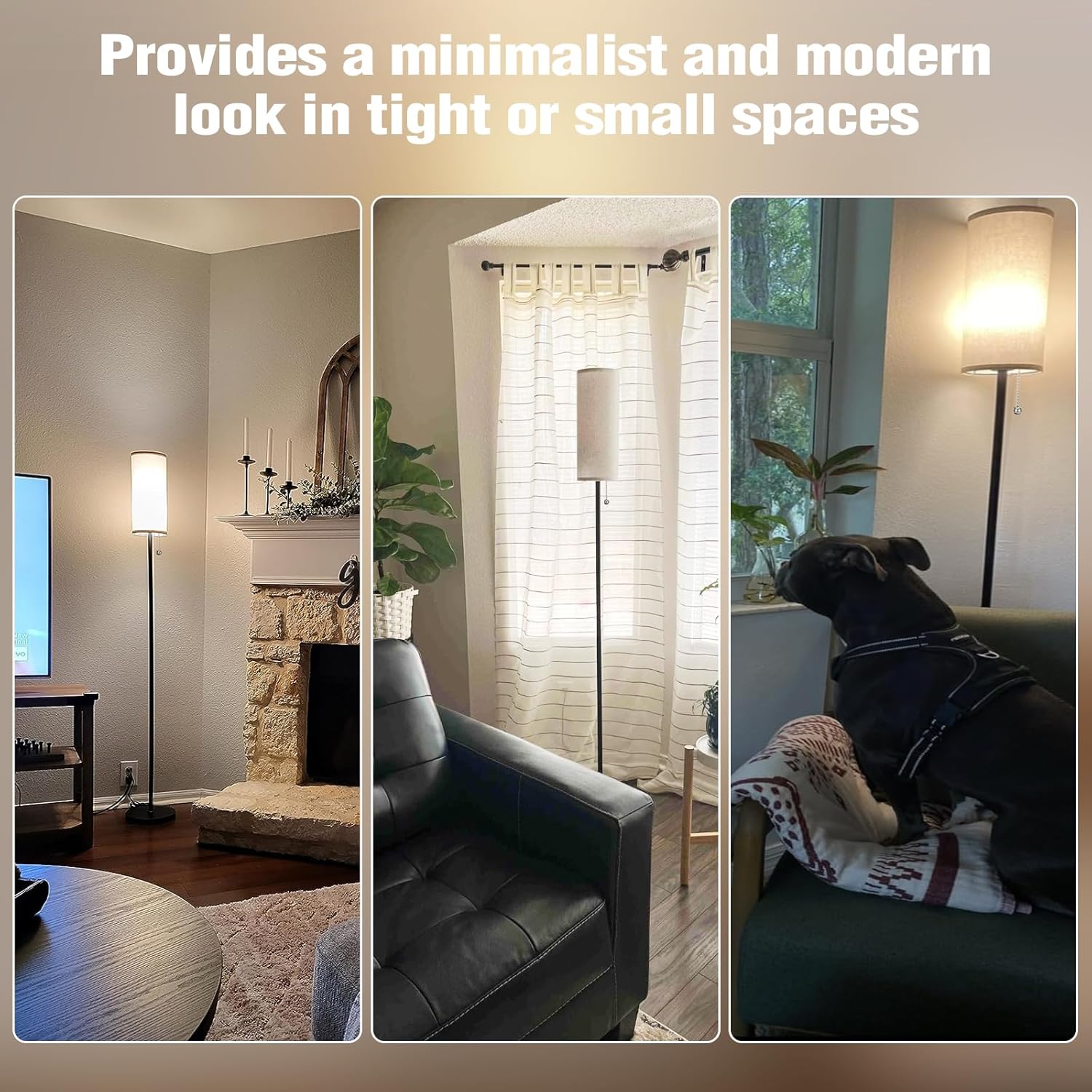 Ambimall Floor Lamp with 3 Color Temperatures Bulb Set of 2, 64" Standing lamp with Linen lampshade for Bedroom, Minimalist Pole Lamp, Beige Shade & Black Pole