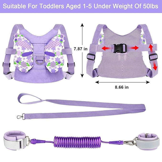 Accmor Toddler Harness Leash + Anti Lost Wrist Link, Kids Butterfly Harnesses With Children Leashes, Cute Baby Leash Walking Assistant Wristband Strap Tether for Girls Outdoor (Purple)
