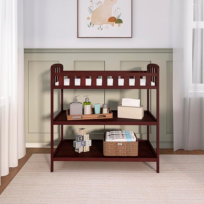 Dream On Me Emily Changing Table, Compact and Portable, Solid New Zealand Pinewood, Safety Rails, Two Storage Shelves, Includes Water-Resistant 1" Changing Pad — Espresso