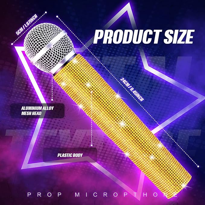 Sanwuta Fake Microphone Prop Sparkly Bling Rhinestones Plastic Play Microphone Pretend Glitter Bedazzled Mic for Cosplay Party Costume(Gold)