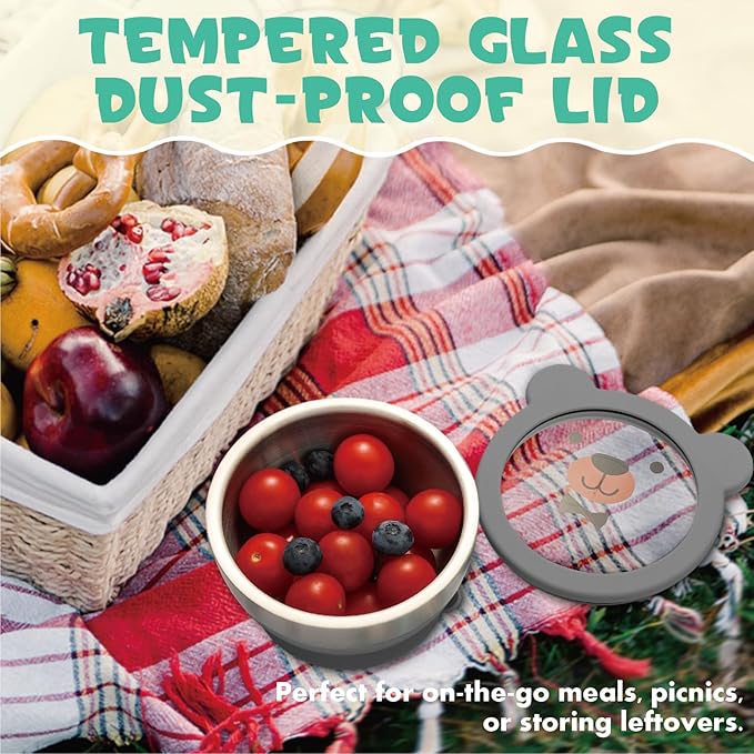 MR. CHOU Baby Bowl Set with Spoon & Fork, Insulated Double-Layer 18/8 Stainless Steel Toddler Bowls with Silicone Suction Cup & BPA Free Airtight Lids, Food Grade Infant Self-Feeding Bowl, Gray