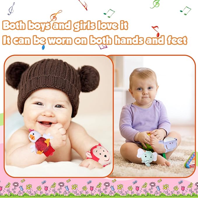 4 Pieces Baby Wrist Rattles Animal Pattern Newborn Foot Rattles Toy for 0-12 Months Babies Boy Girl Infant Birthday Gifts Educational Toys, 4 Designs (Sheep, Dog, Chick, Monkey)