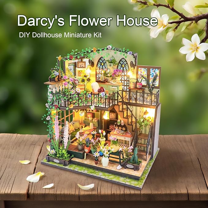 DIY Miniature Dollhouse Kit, Mini House Building Kit for Adults, Tiny House Making Kits with LED Light, Hobby Craft Christmas Decorations Birthday Gifts for Adults (Flower House)