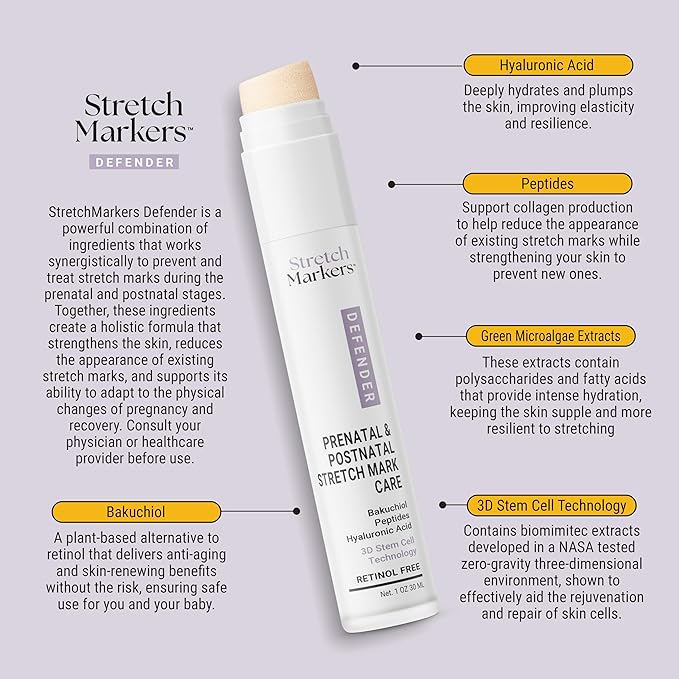 StretchMarkers Pregnancy Defender – Stretch Mark Cream for Pregnancy, Visibly Reduces & Treats with Bakuchiol, Hyaluronic Acid, Bioactive Peptides & 3D Stem Cell Technology, Retinol-Free, 1 fl oz