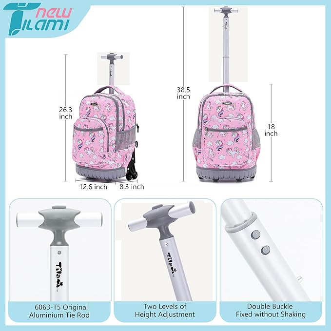 NEW TILAMI 18" Kids Rolling Backpack for School - Waterproof, Durable, Stair-Climbing, Variety of Colors Patterns for Girls & Boys, Cute Pink Unicorn