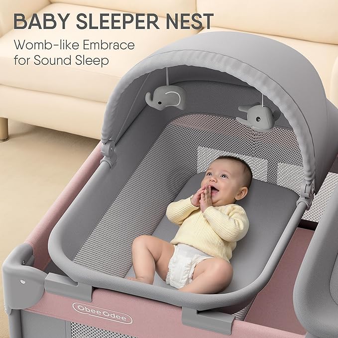 4-in-1 Baby Bassinet with Playard, Sleeper Nest, Changing Table, Mosquito Net & Canopy, Storage and Toys for Newborn to Toddler