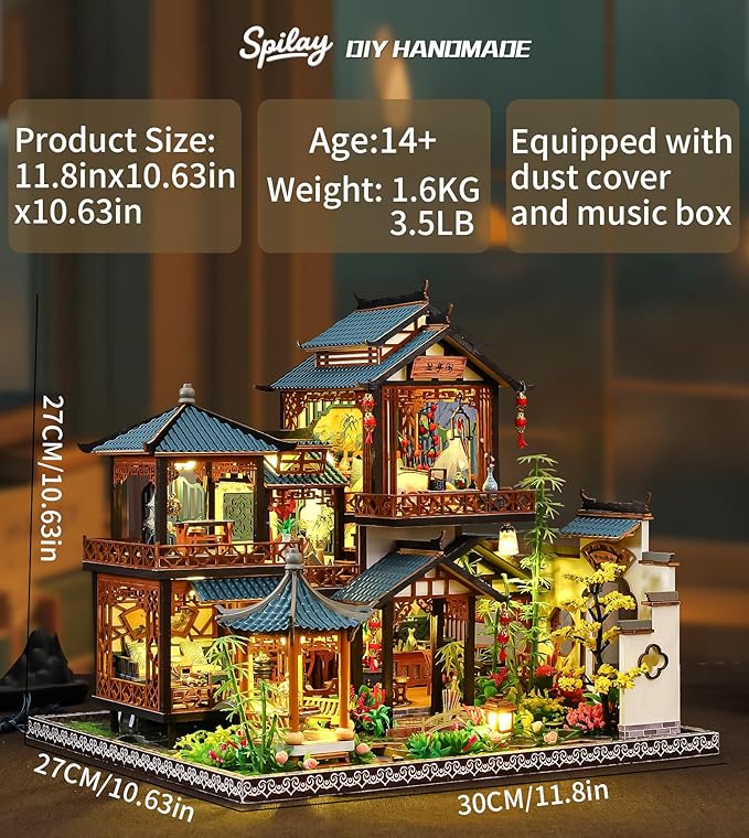 Spilay DIY Miniature Dollhouse Kit,DIY Dollhouse Kit with Wooden Furniture,Dust Proof Cover, Music Box and LED,Handmade Crafts Gifts for Birthday Christmas and Valentine's Day（P019）