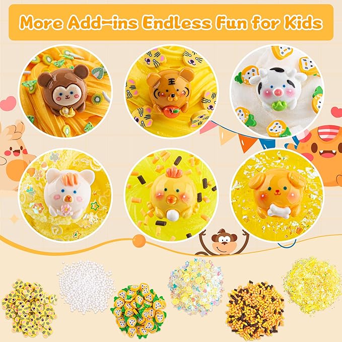LAWOHO 6 Packs Gradient Yellow Slime Kit - Clear, Butter, Cloud Slimes, Fluffy Slimes for Kids with Charms & Animal Add-ins, Party Favors for Girls & Boys, 360ml Non Stick Slime Making Kit for Kids