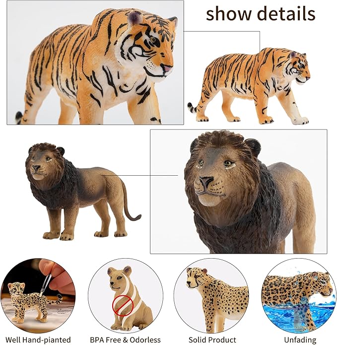 Toymany 8PCS 2-5" Plastic Jungle Animals Figures Playset Includes Baby Animals, Realistic Lion, Tiger, Cheetah, Leopard Figurines with Cubs, Cake Toppers Christmas Birthday Toy Gift for Kids Toddlers