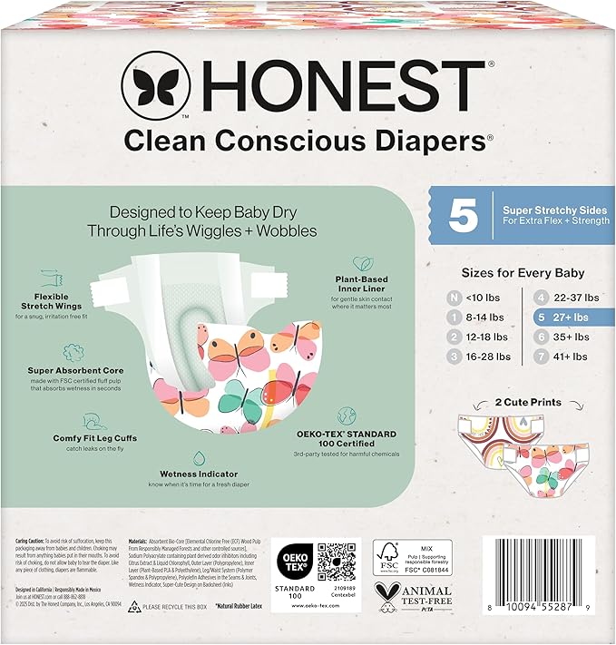 The Honest Company Clean Conscious Diapers for Delicate Skin | Up to 100% Leakproof | Hypoallergenic, Fragrance Free | Girl Prints | Club Box, Size 5 (27+ lbs), 44 Count (Prints May Vary)