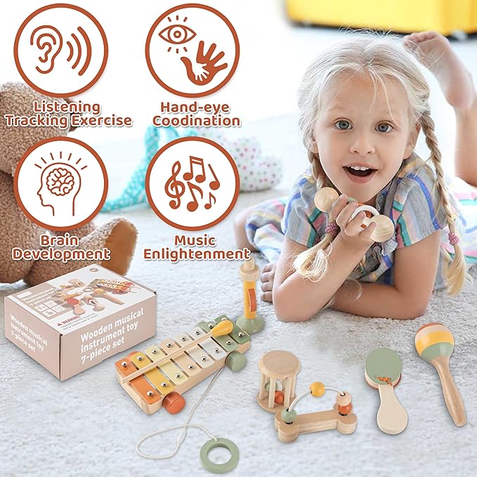 VINJOE Baby Musical Instruments-Toddler Montessori Wooden Musical Toys for Kids, Neutral Colors Percussion Instruments Set Early Learning Musical Toys for Preschool Educational Birthday Gifts