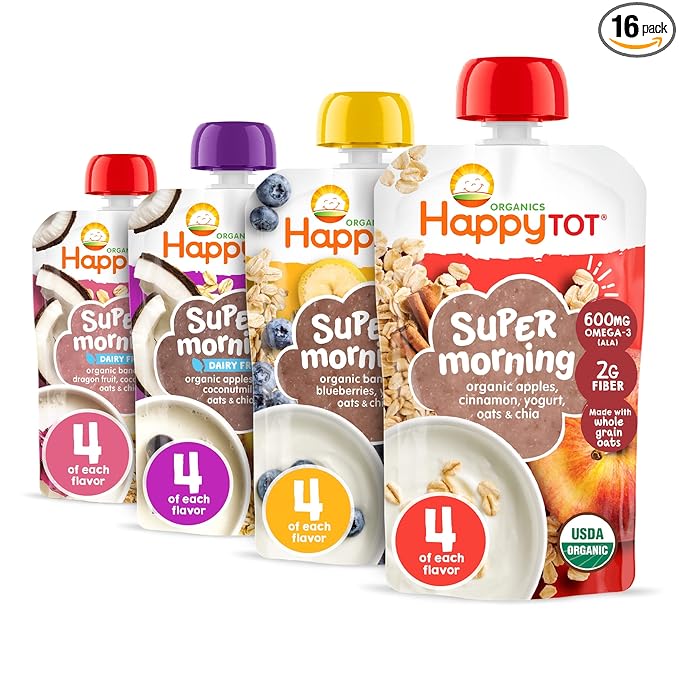 HAPPYTOT Organics Stage 4 Baby Food Pouches, Gluten Free, Super Morning Fruit & Oat Variety Pack Blend 4 Oz (Pack of 16), Amazon Exclusive