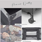 Baby Bedside Bassinet Sleeper,5-in-1 Pack and Play with Full-Size Bassinet,Baby Playard with Changing Table,Storage Shelf,Music Mobile with Soft Toys for Newborn to Toddlers (Grey)