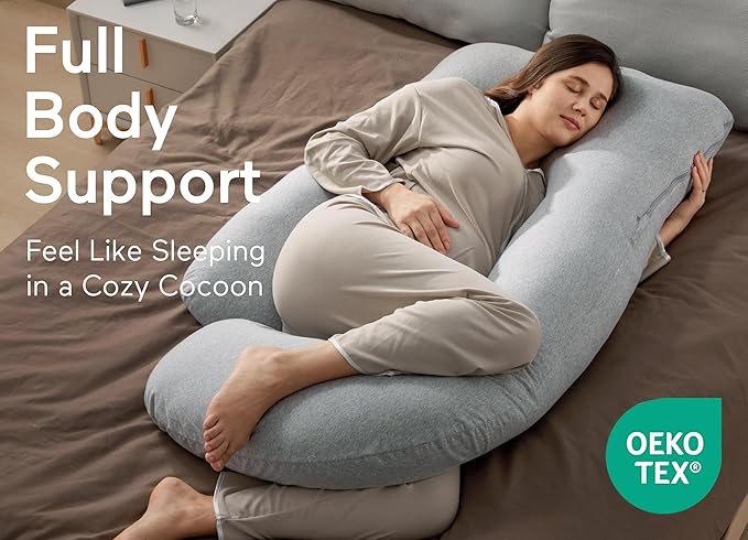 Momcozy U Shaped Pregnancy Pillows with Cotton Removable Cover, 57 Inch Full Body Pillow Maternity Support, Must Have for Pregnant Women, Hatha Grey
