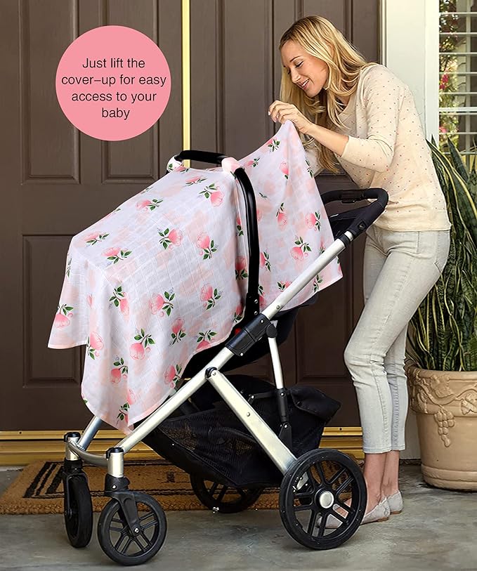 Rquite Car Seat Covers for Babies - 100% Muslin, Lightweight, Soft, Breathable Baby Carrier Cover - Summer Stroller Canopy (Pink Flower)