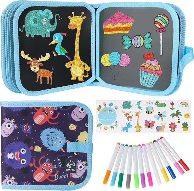 Erasable Doodle Set for Kids - Reusable Magic Drawing Book with 12 Watercolor Pens 14 Page Drawing, Road Trip Car Game Writing Painting Set for Boys and Girls (Monsters)