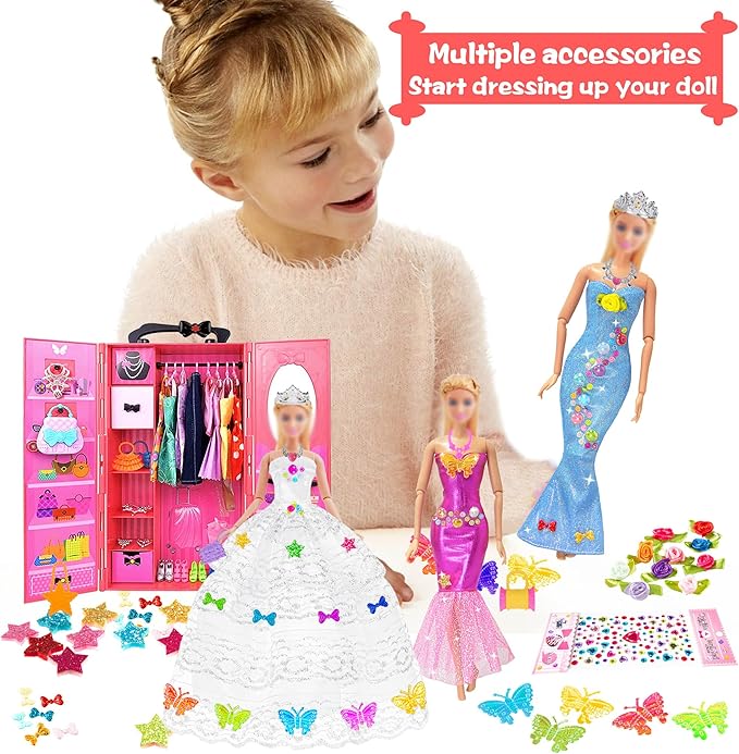 iBayda 139pcs 11.5-inch Fashion Doll and Wardrobe Playset: Wedding Dress, Outfits, Shoes, Bags, Necklace, DIY Stickers Accessories