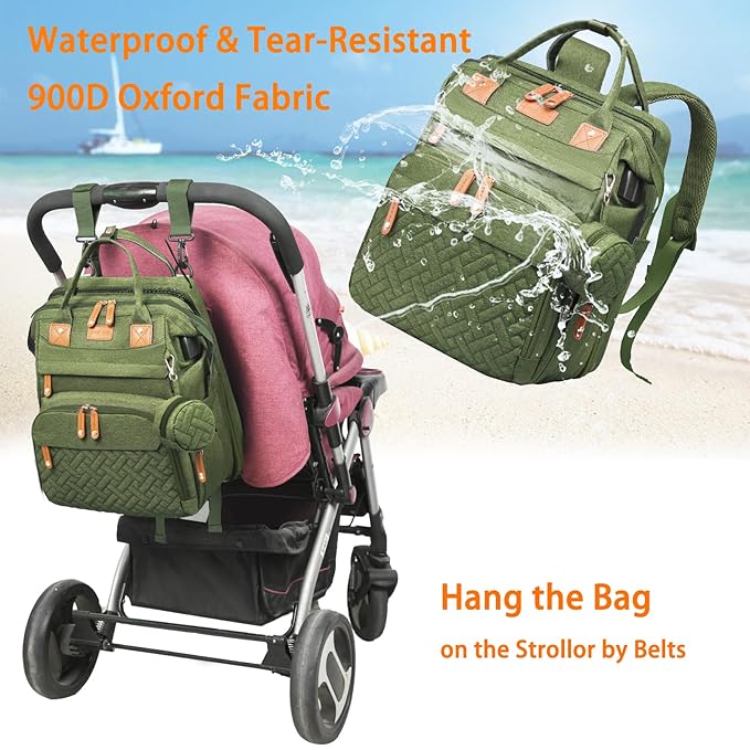 Baby Diaper Bags with Changing Station, Waterproof Diaper Bag Backpack for Moms Dads with USB Charging Port, Baby Shower Gifts, Large Capacity diaper backpack, Green
