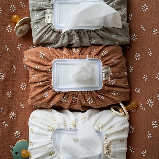 Baby Wipes Cover – Universal Size, One Size Fits All Wipes Packages | Muslin Cotton Tissue Cover for Nursery, Diaper Bag & Changing Table, Station | Gingham & Neutral Patterns (Cream Daisy)