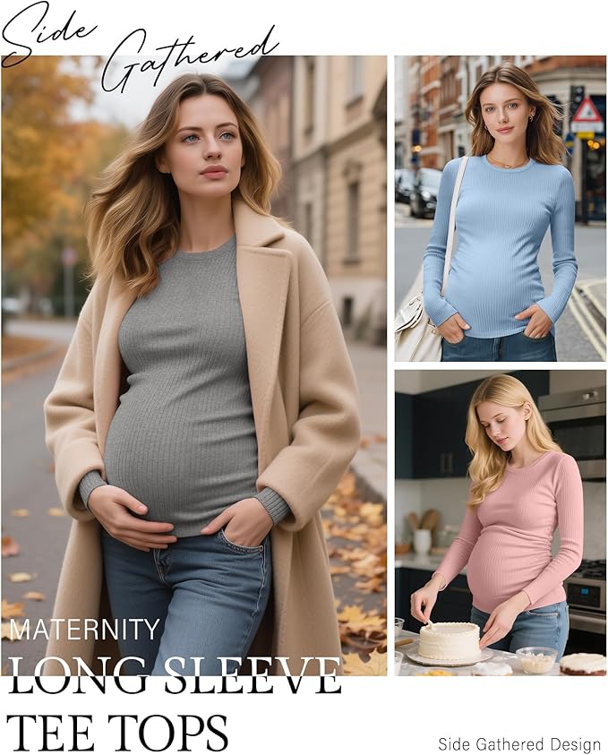 Ficerd 4 Pack Women's Maternity Shirts Cotton Long Sleeve Ribbed Crew Neck Pregnancy Tops Side Ruched Casual Mama Clothes