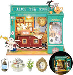 Rolife DIY Miniature House Kit Alice's Tea Store, Tiny House Kit for Adults to Build, Mini House Making Kit with Furniture, Halloween/Christmas Decorations/Gifts for Family Friends (Alice's Tea Store)