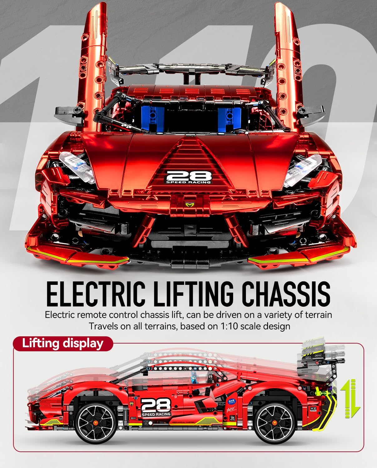 BAV Plated Sports Car Building Sets with Electric Chassis Lifting, Colletible Building Model for Adults, 1:10 Scale Electric Driftable Remote Control Technic Sports Car for Adults Men Teens.