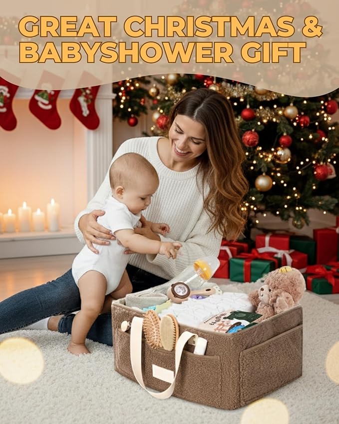 Baby Diaper Caddy Organizer with Portable Changing Mat - Teddy Fleece Diaper Organizer for Changing Table - Basket for Changing Essentials - Baby Essentials Organizer with Removable Dividers