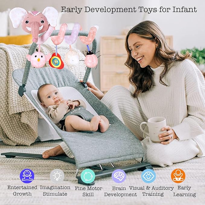 Car Seat Toys, Baby Stroller Toys Infant Spiral Hanging Toys for Crib Bar Bassinet Stroller Car Seat Mobile, Early Development Toys for Newborn Baby Girls 0 3 6 12 Months -Pink Elephant