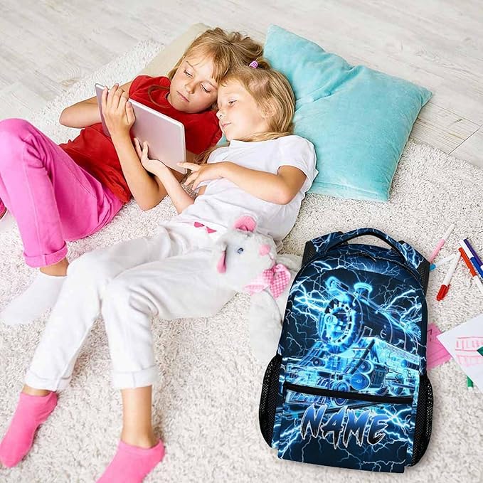 Kids Backpack for Boys, Personalized Train Schoolbag Casual Bag for Primary Senior Middle, 17 Inch Lightweight Durable Custom Lightning Backpacks, Cool Back to School Gift