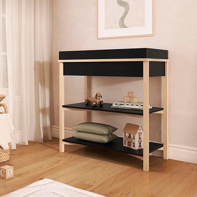 Dream On Me Owen Baby Changing Table, Removable Changing Tray, Spacious Top Storage Drawer, Two Open Shelves, Safety Brackets, JPMA Certified Modern Nursery Furniture – Matte Black Vintage Oak