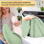 Dr. Mama's Organics Nursing Pillow with Lumbar Support - Ergonomic Design Helps Relieve Back Pain and Arm Fatigue - for Bottle and Breastfeeding - Removable Organic Cotton Cover (Sage)