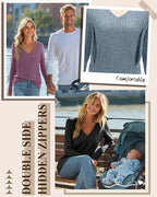 3 Pack Women's Maternity Nursing Tops, V Neck Breastfeeding Sweaters Long Sleeve Hidden Zipper Shirts