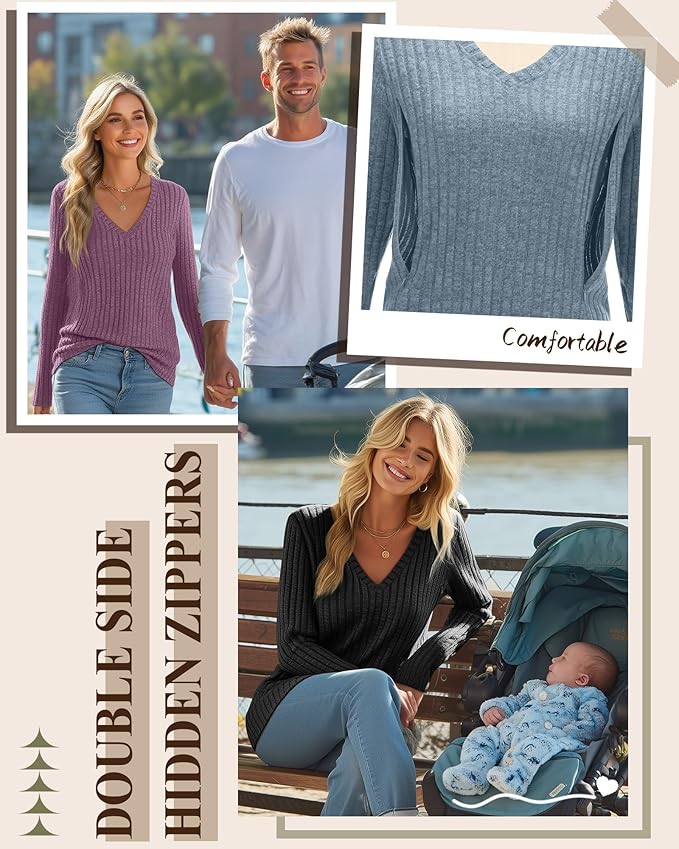 3 Pack Women's Maternity Nursing Tops, V Neck Breastfeeding Sweaters Long Sleeve Hidden Zipper Shirts