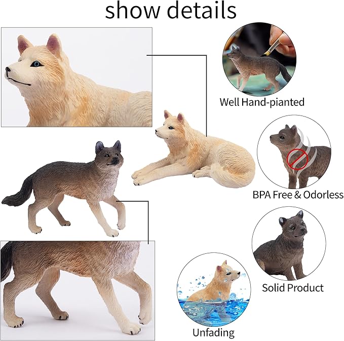 Toymany 8PCS Wolf Figures Forest Animals Toy Figurines - Plastic Jungle Zoo Animal Figurines for Kids Boys Girls Age 3-5 6-12