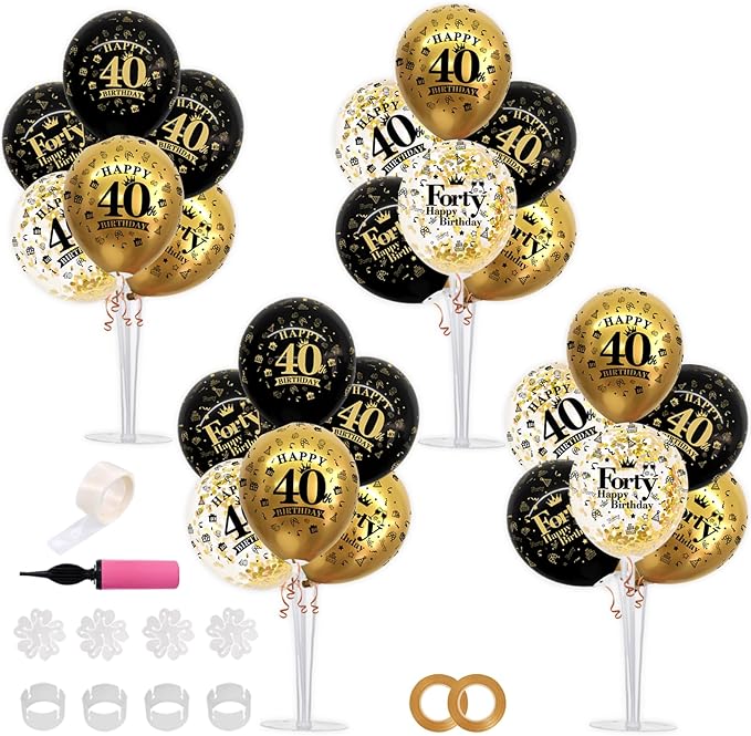 TONIFUL 4 Set Black Gold Balloon Stand Kit for Birthday Decorations for 40th,Balloon Centerpieces for Table Party Decorations Cheers to 40 Years Old Birthday for Men and Women