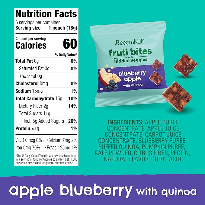 Beech-Nut Toddler Snacks Fruti Bites with Hidden Veggies Quinoa & Chia, Fruit Snack Variety Pack for Babies and Toddlers, 6 Boxes (72 Individually Wrapped Packs)