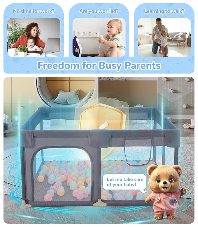 Dripex Baby Playpen, 47"×47" Play Pens for Babies and Toddlers, Safe Anti-Fall Play Yard with Gates, Baby Fence with Breathable Mesh, Indoor & Outdoor Kids Activity Center, Grey