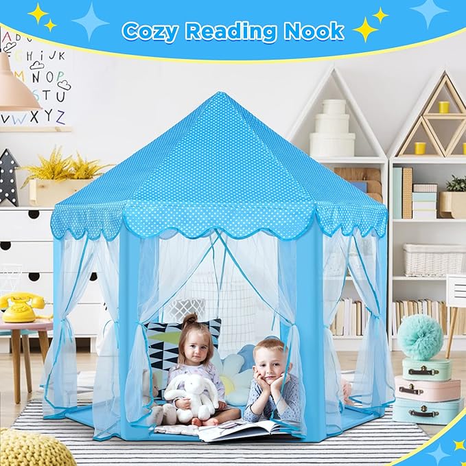 Monobeach Princess Tent Girls Large Playhouse Kids Castle Play Tent with Star Lights Toy for Children Indoor and Outdoor Games, 55'' x 53'' (DxH) (Blue Prinecss Tent with Little Star Lights)
