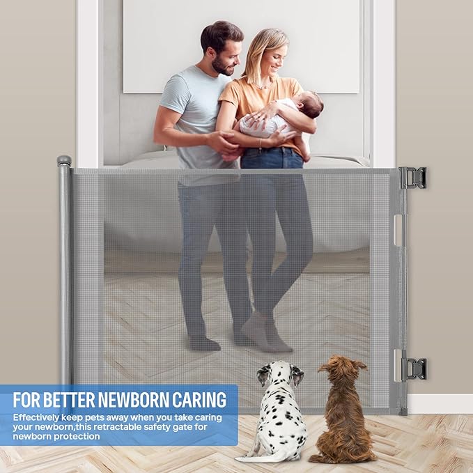 Retractable Baby Gate, Extra Wide Safety Kids or Pets Gate, 33” Tall, Extends to 55” Wide, Mesh Safety Dog Gate for Stairs, Indoor, Outdoor, Doorways, Hallways, Easy to Wipe(Grey)