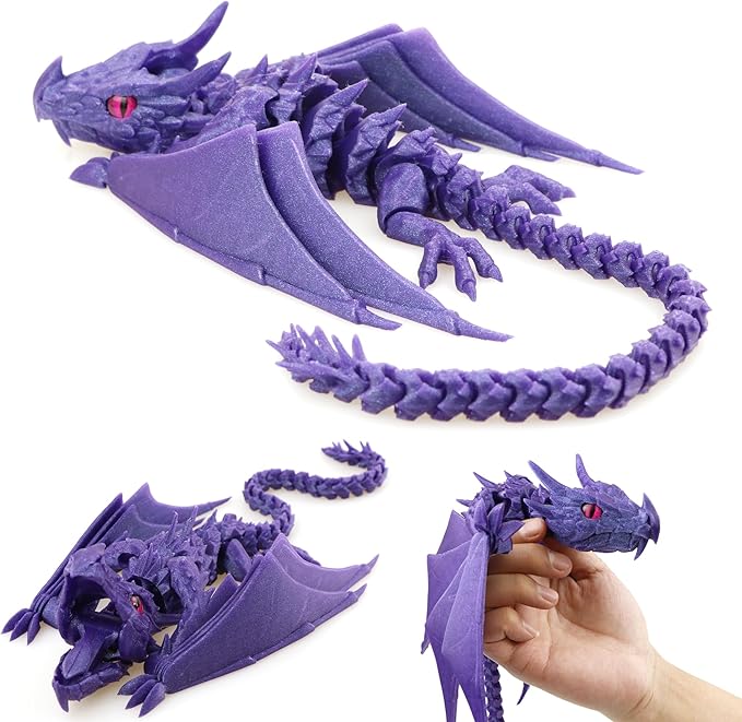 3D Printed Dragon with Wings, Fidget Dragon Toys, 3D Printed Animals, Flexible Articulated Winged Crystal Dragon Model,Home Office Decor Desktop Pet(Glistem Purple)