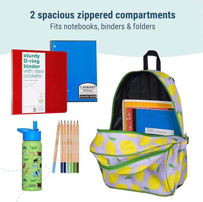 Wildkin 15-inch Kids Backpack – Durable, Padded, Adjustable for School & Travel - Lilac Lemonade