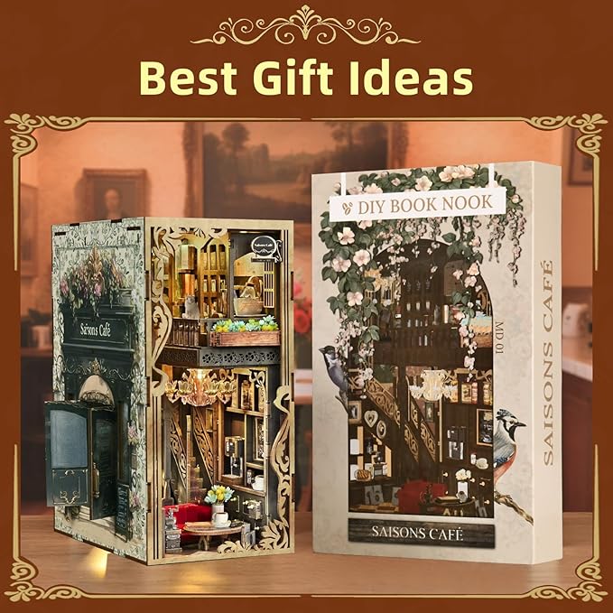 Book Nook Kit, DIY Miniature Dollhouse Book Nook Kit with Dust Cover and LED Light (Saisons Café)