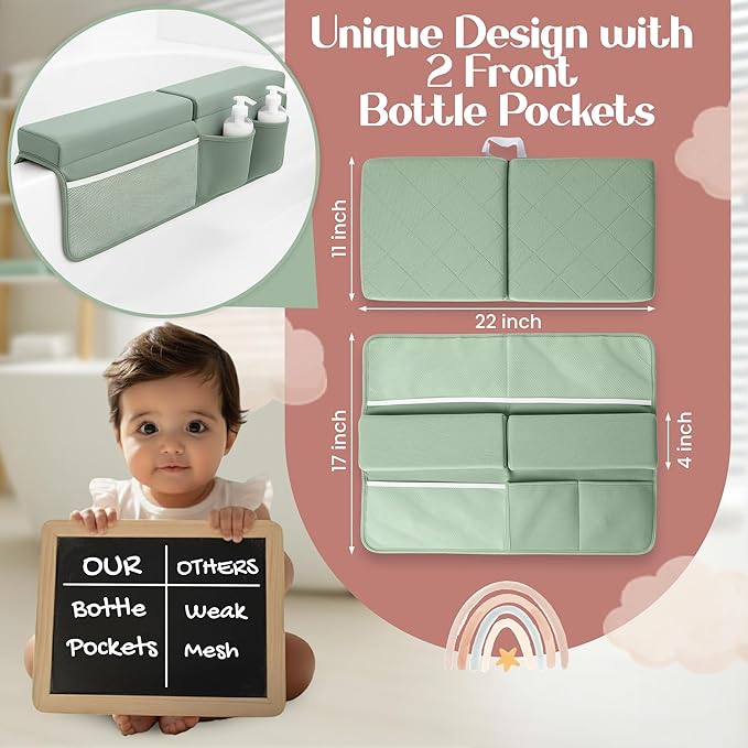 Bornealand® 2" Extra Thick Baby Bath Kneeler and Elbow Rest Pad Set + Hooded Towel - Embroidered Kneeling Pad for Bathing Baby - Dual-Layer Memory Foam Bathtub Kneeler and Elbow Rest Set