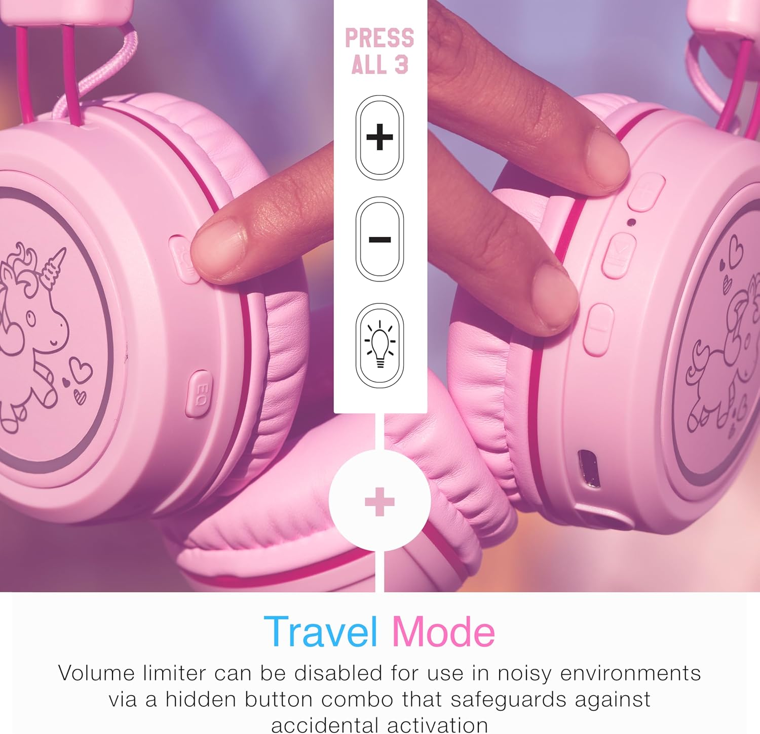 MEE audio KidJamz KJ55BT Personalized Bluetooth Wireless Safe Listening Headphones for Kids w/Custom LED-Backlit Design, Volume Limiter, Mic; Kids Headset for School/iPhone/iPad/Tablet (Pink)